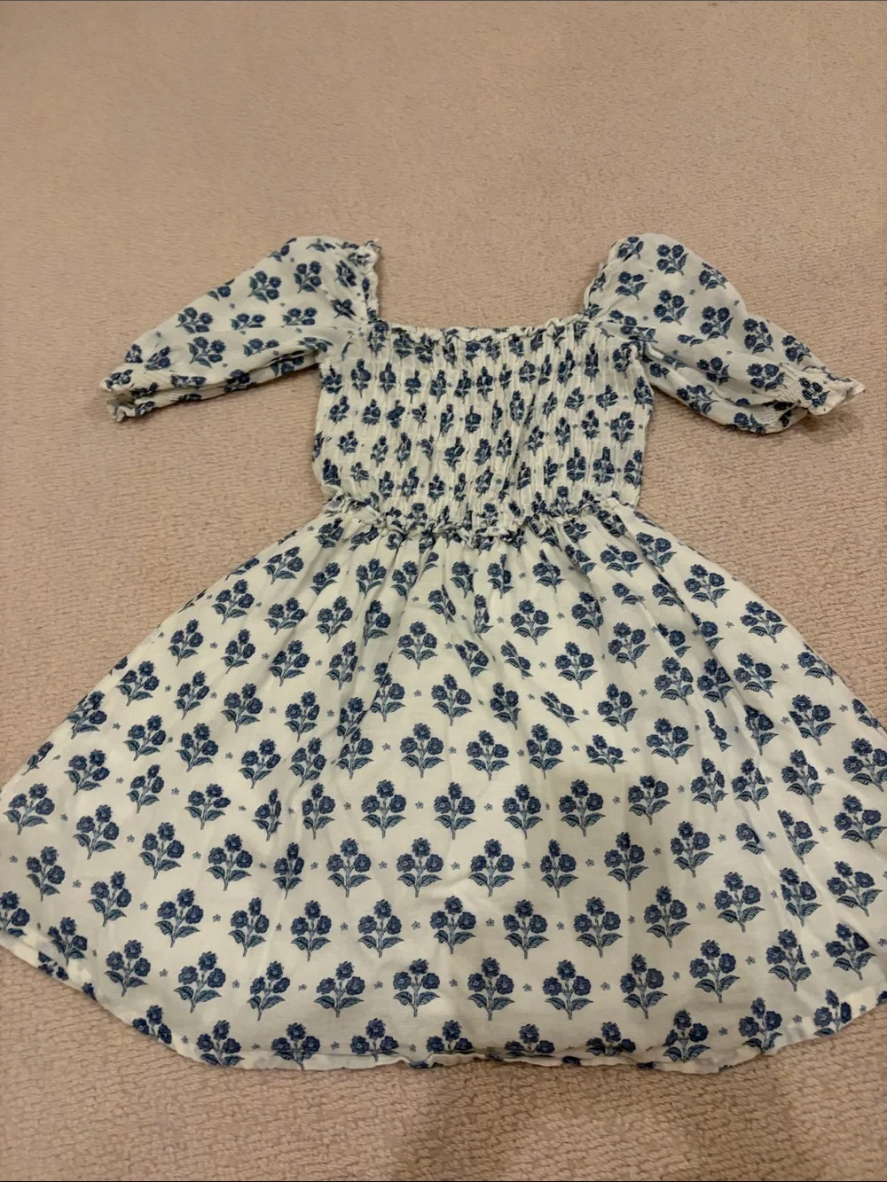 Girls White Dress with Blue Floral Print and Smocked Bodice